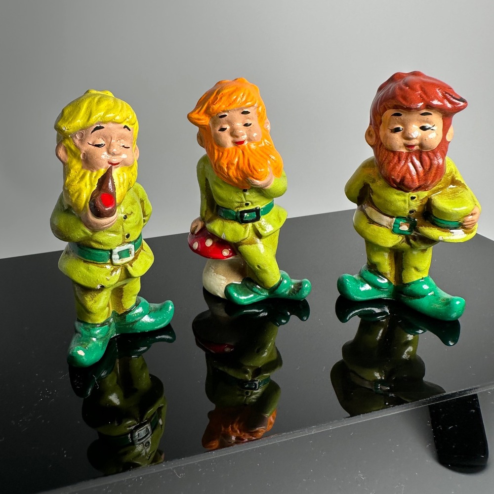 Vintage St Patrick's Day Leprechaun Figurines Set 3 Japan Chalkware Kitsch Decor